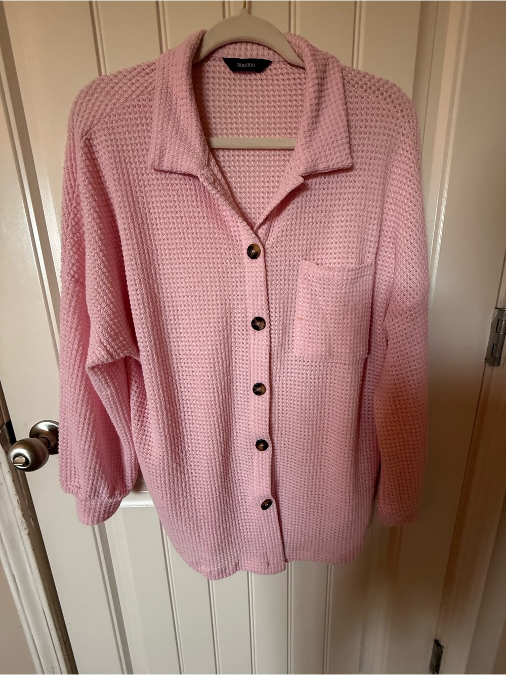 Cette Pink Waffle-Knit Button Front Women's sweater